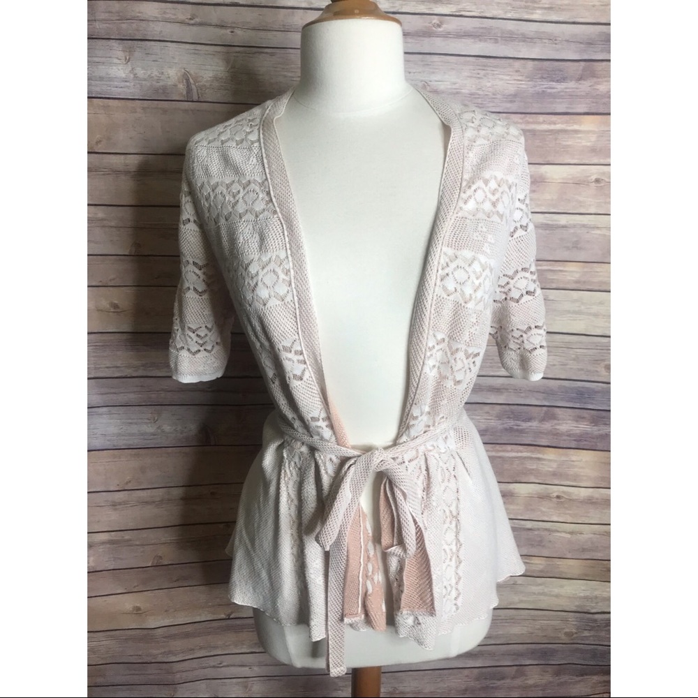 Knitted and Knotted Pink Cream Lace Knit Cardigan